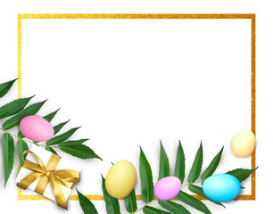 Easter golden frame with colorful eggs, palm leaves and gift box border on white background. Mock up greeting holiday flatly.