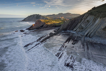 Zumaia city and seashore flysch aerial view, Basque Country