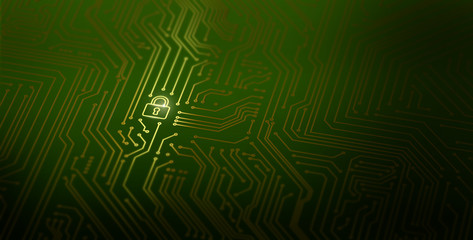 A pattern of printed circuit board with padlock icon. Gold pattern on green background