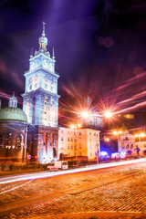 Fototapeta na wymiar Night Lviv old city architecture in the Christmas