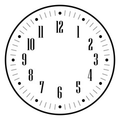 Clock face for house, alarm, table, kitchen, wall, wristwatches or special models for kids. Dial for pocket, stop watches or timer. For mark opening, visiting, office, business or working hours.