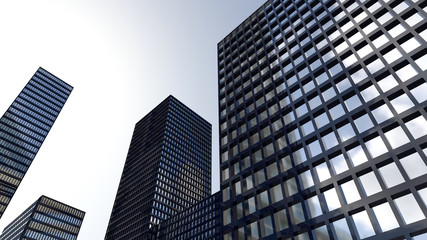 Panoramic and perspectiveview to steel light blue background of glass high rise building skyscraper city of future. Business concept of industry tech architecture. 3d rendering. 3d illustration