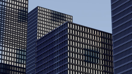 Panoramic and perspectiveview to steel light blue background of glass high rise building skyscraper city of future. Business concept of industry tech architecture. 3d rendering. 3d illustration