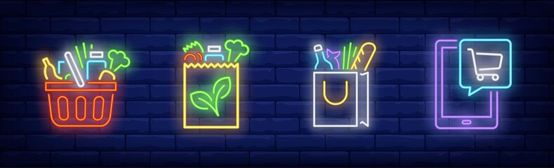 Fresh food market neon sign set © RedlineVector