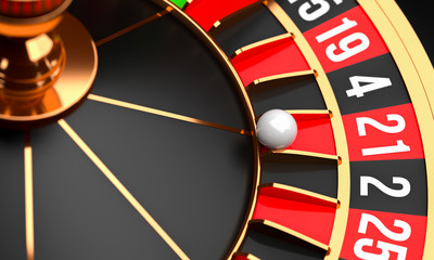 Luxury Casino roulette wheel. Casino background theme. Close-up white casino roulette with a ball on 21. Poker game table. 3d rendering illustration.