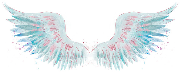 Beautiful magic blue pink watercolor angel wings