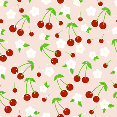 Ripe cherry with leaves and flowers seamless pattern. Summer berry background. Flat style.