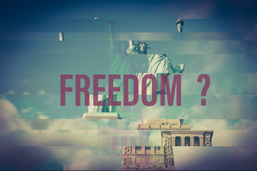 freedom interrogation text on glitch destroyed statue of liberty background photo © Xphi