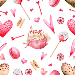 Seamless valentine's day pattern with hearts and desserts. Watercolor illustrations about love.