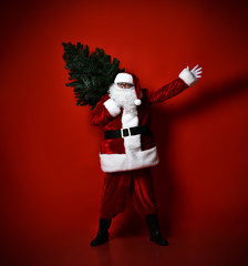 Big-bellied fat Santa Claus carrying a heavy Christmas tree on a red background. New year and merry christmas and happy holidays concept