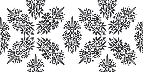 Ikat pattern etnic indian ornamental black and white illustration. Navajo motif texture ornate  design for surface print. Black and white background.