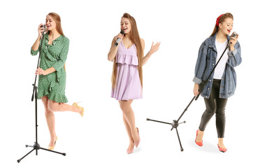 Obraz premium Beautiful female singer with microphone on white background