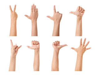 Gesturing children's hands on white background