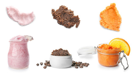 Jar with orange body scrub on white background