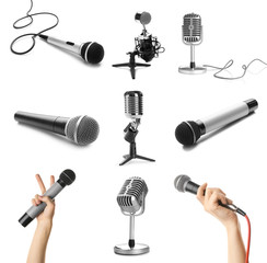 Collage with different microphones on white background