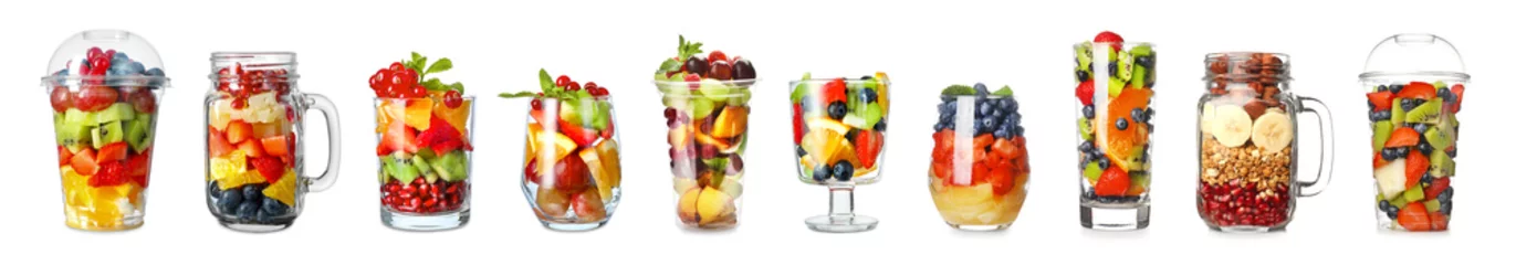 Fotobehang Set of tasty fruit salads on white background © Pixel-Shot
