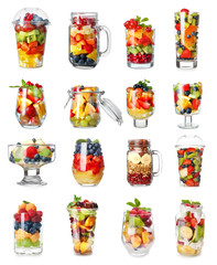 Set of tasty fruit salads on white background