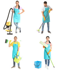 Team of janitors with cleaning supplies on white background
