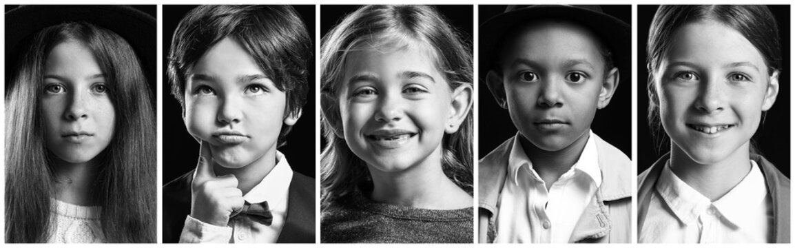 Fototapeta Collage of black and white photos with different little children