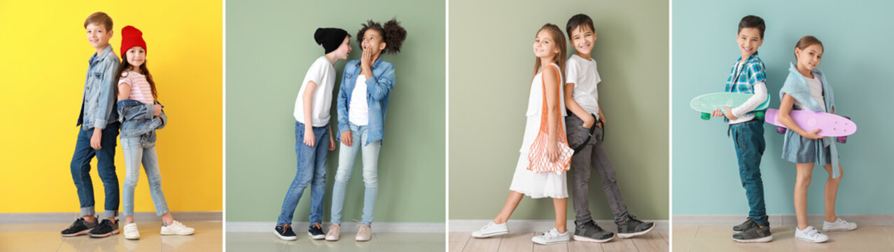 Collage of photos with fashionable children near color walls