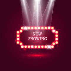 Shining retro billboard with spotlights and glowing light effect. Vintage theater sign on dark red background. vector illustration.