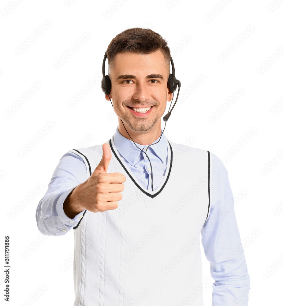 Poster Male technical support agent showing thumb-up gesture on white background