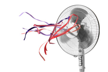 Fototapeta Electric fan with fluttering ribbons on white background obraz