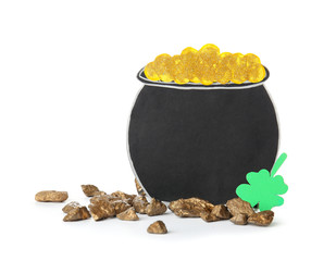 Leprechaun's pot with treasure on white background. St. Patrick's Day celebration