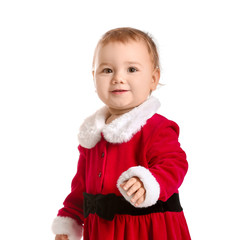 Cute little baby in Santa Claus costume on white background