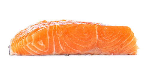 Raw salmon fillet on white background