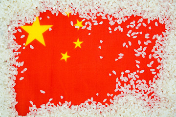 Market concept, white rice with Chinese flag. Top view