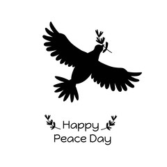 Happy Peace Day poster with Dove Silhouette. Flying Pigeon with an olive twig.