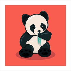 cute Vectron panda eats greens on a red background
