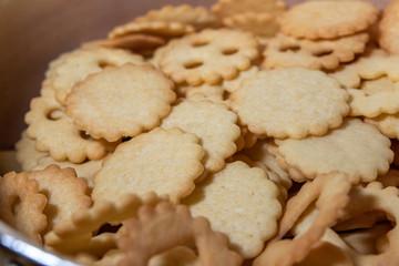 Freshly baked christmas cookies on baking sheet.