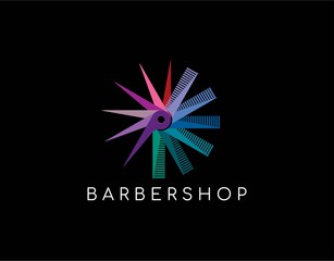 Luxury and Lovely Logo of Barber Shop with Modern Concept. Design With a Lot Image of Scissors and Comb in Spin. Isolated on Black Background. Vector Illustration