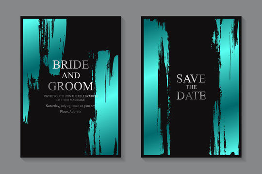 Set Of Modern Grunge Luxury Wedding Invitation Design Or Card Templates For Business Or Presentation Or Greeting With Turquoise Metallic Paint Brush Strokes On A Black Background.