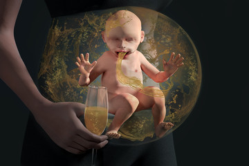 Alkoholbaby im Mutterleib. Ungeborenen Baby im Mutterleib trinkt Sekt passiv mit. Ungeborenes im Mutterleib nimmt Alkohol durch die trinkende Mutter auf. Verantwortungslose Schwangere.