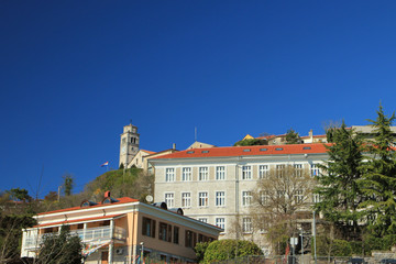 Kastav, Croatia / 26th March 2019: Low angle wide panorama of town Kastav in Croatia