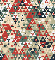 Grungy geo funky triangle linen textured graphic motif swatch. Layered triangular tiles randomly placed and overlaid with a cloth texture. Seamless repeat vector pattern swatch.