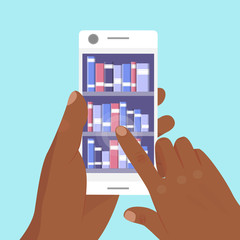 Online library phones app vector illustration. Hand holds smartphone with bookshelves on screen. On line education by application