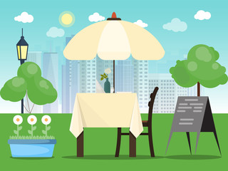 Empty cafe outdoor city landscape vector illustration. Urban summer outside empties cafeteria exterior.