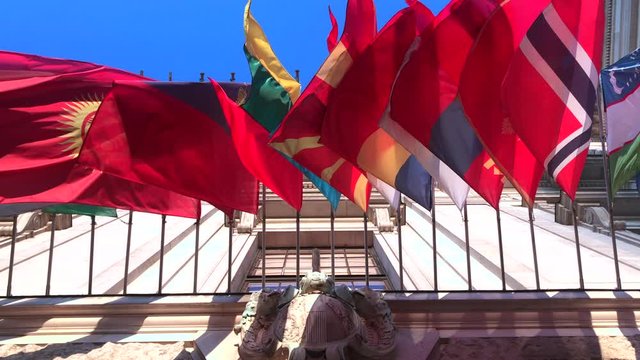 Colorful Flags from different countries in wind, 4k footage video