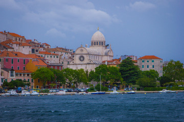 Sibenik, Croatia / 18th May 2019 : Seafront view of Sibenik cathedral st James