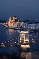 Chain bridge and Hungarian parliament at dusk, Budapest, Hungary