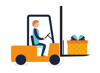 Young man driving forklift truck loading colorful gift present box, delivery and shipping concept. Simple flat vector illustration eps 10