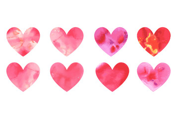 Fototapeta na wymiar Set of watercolor hearts. Hand-drawn various red pink orange hearts isolated on white background. Wedding or Valentine s Day template. Love concept