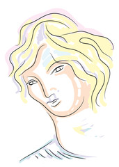 abstract illustration of blond woman thinking something. colorful illustration of pensive woman.