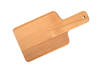 Wooden cutting board on white background . overhead view
