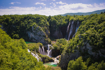 Fototapeta na wymiar Plitvice Lakes, Croatia / 6th July 2019: Highest waterfall in Croatia, in Plitvicka Jezera UNESCO National park
