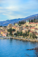 Volosko, Croatia: 27th March 2019 / Beautiful small town Volosko near Opatija, seafront aerial view